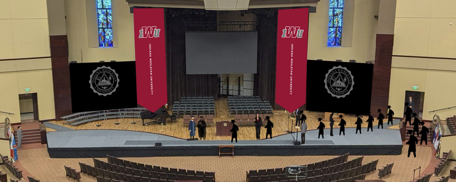 A front facing view of the Chapel Auditorium stage with a diagram of graduates entering the stage from the right and walking across towards to left to hand their name cards to the speaker and receive their diplomas.