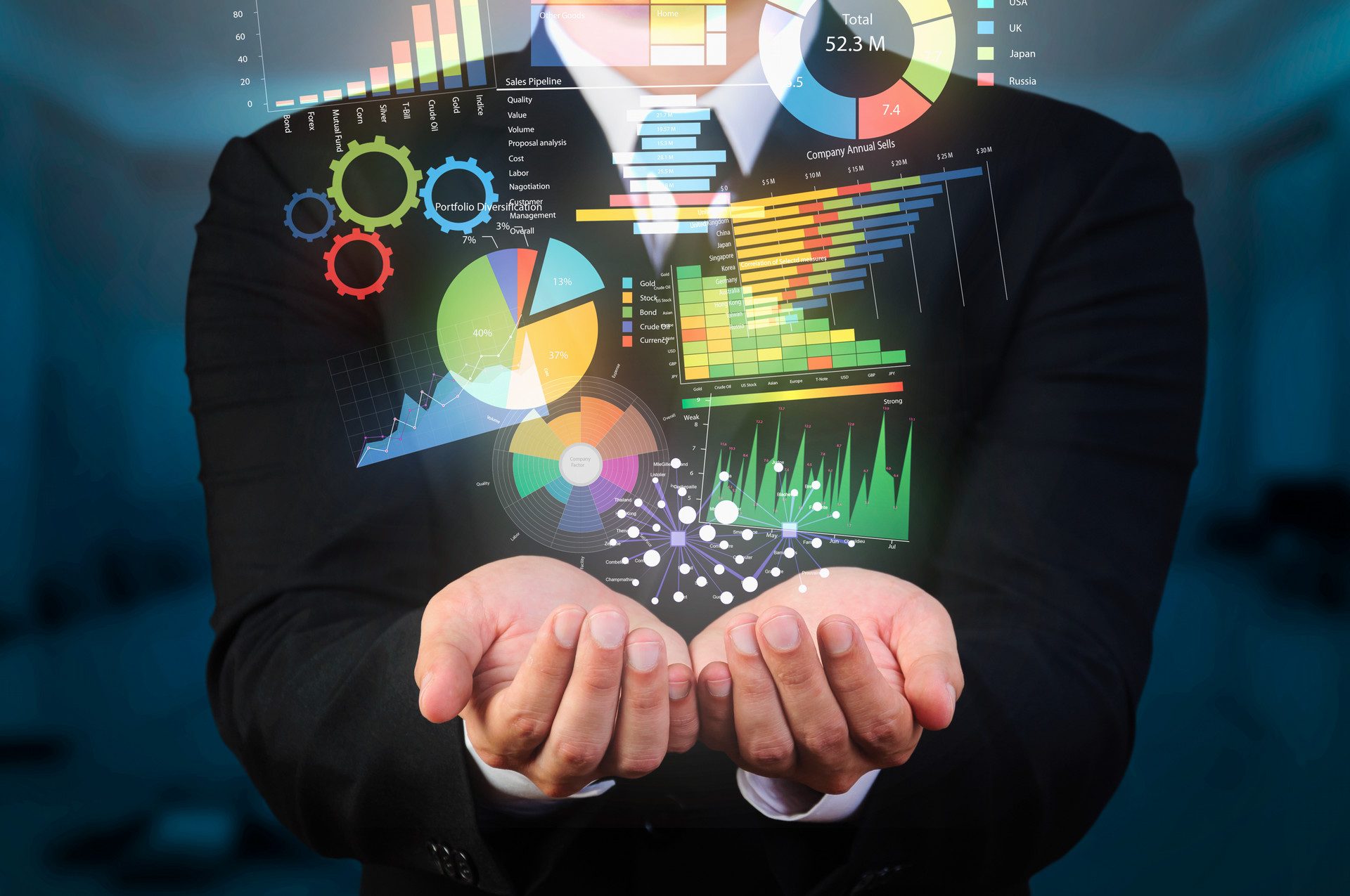 Charts and graphs in cupped hands, showcasing business analytics